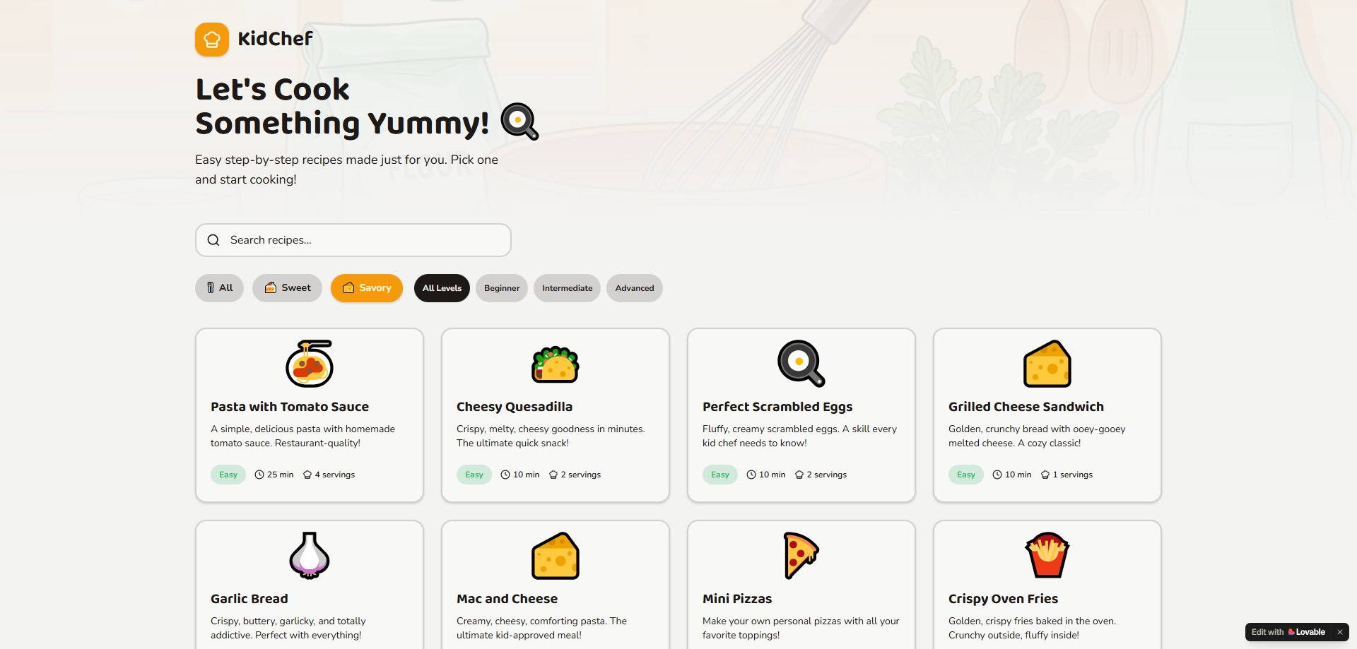Kid Chef app — recipe browser with kid-friendly recipes