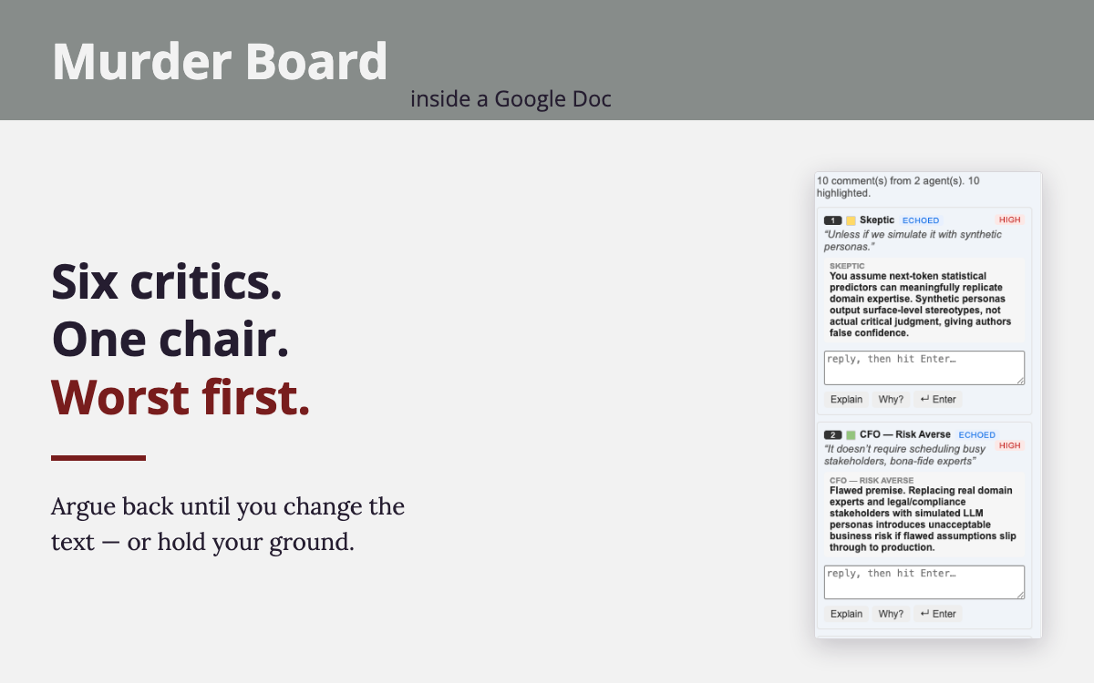 Murder Board — ranked findings from two agents in the Google Docs sidebar