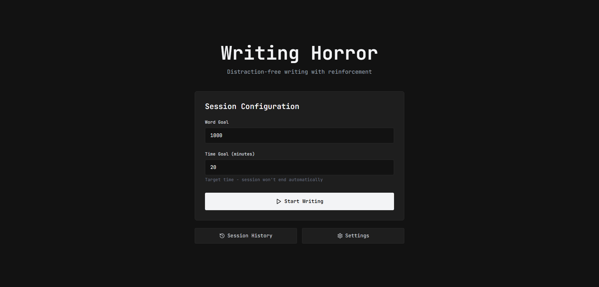 Writing Horror app — session configuration with word goal and time goal